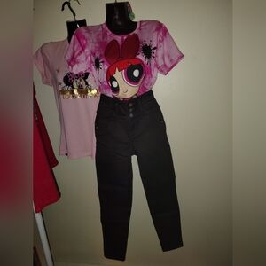 Pink Cartoon Graphic T-Shirt and Black Pants Set